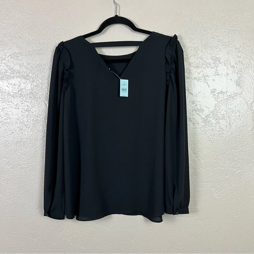 Loft Black Ruffle Puff Long‎ Sleeve Blouse Size Large Petite